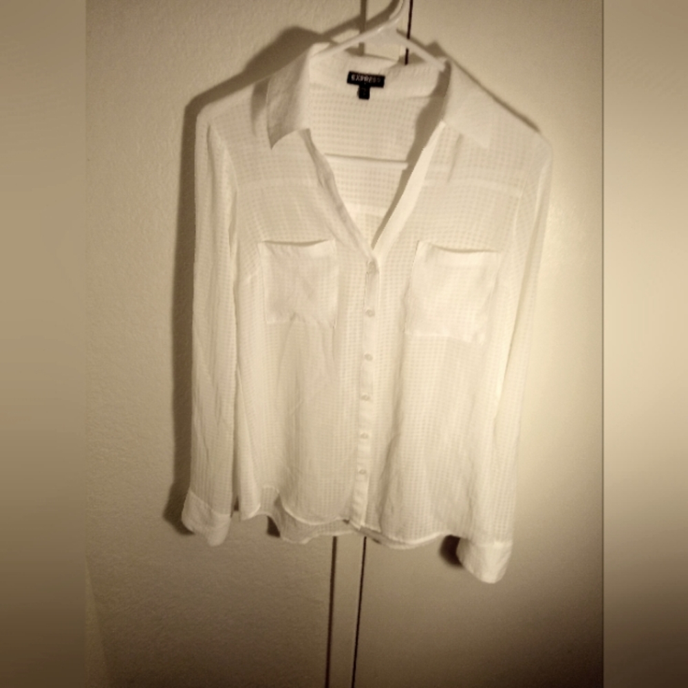 Express White Long Sheer Blouse w/ Roll Up Tap for half Sleeve Style